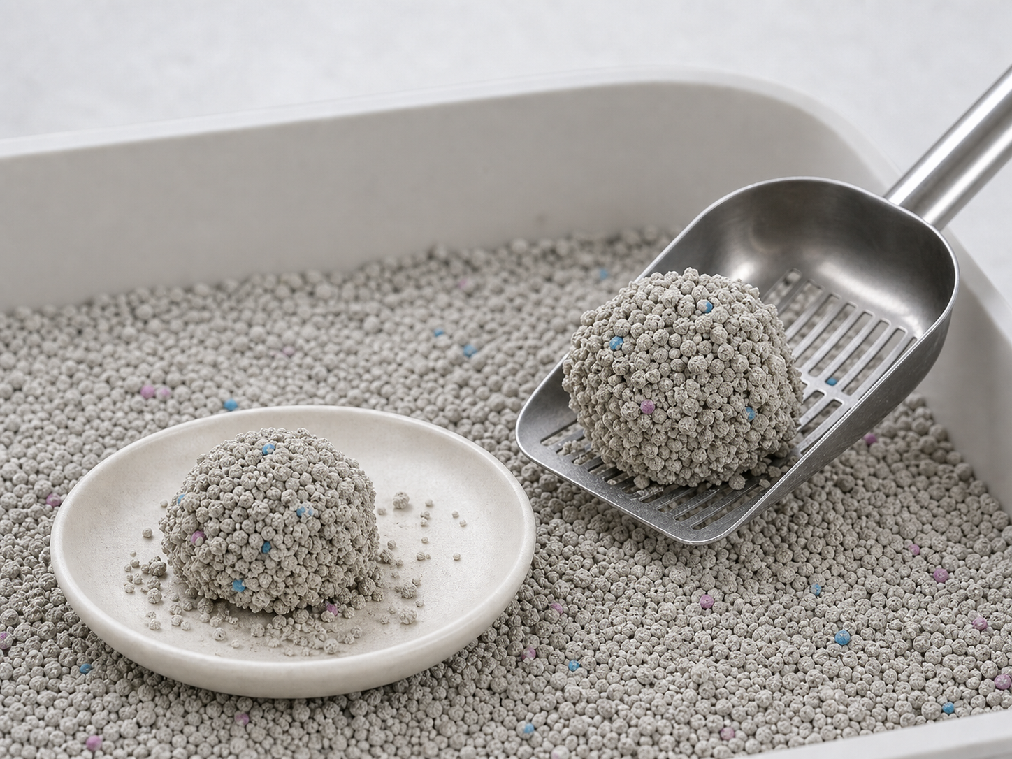 AI-generated realistic bentonite cat litter clumping test with scoop