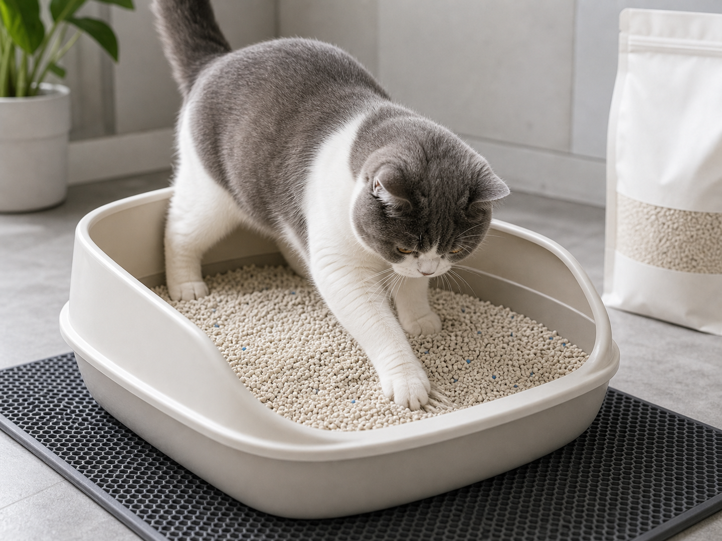 AI-generated cat digging in clean cat litter inside a litter box