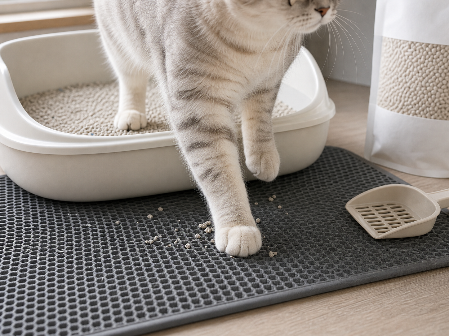 AI-generated cat stepping from a clean litter box onto a low-tracking mat