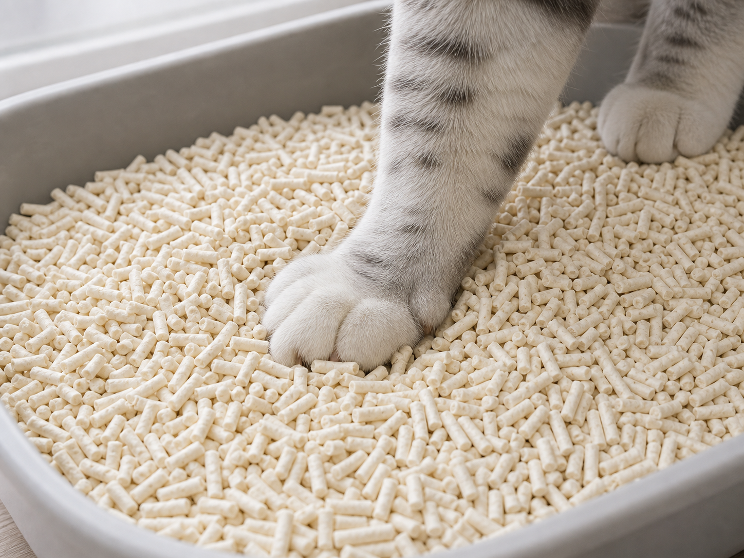 AI-generated cat paw pressing into clean pellet cat litter