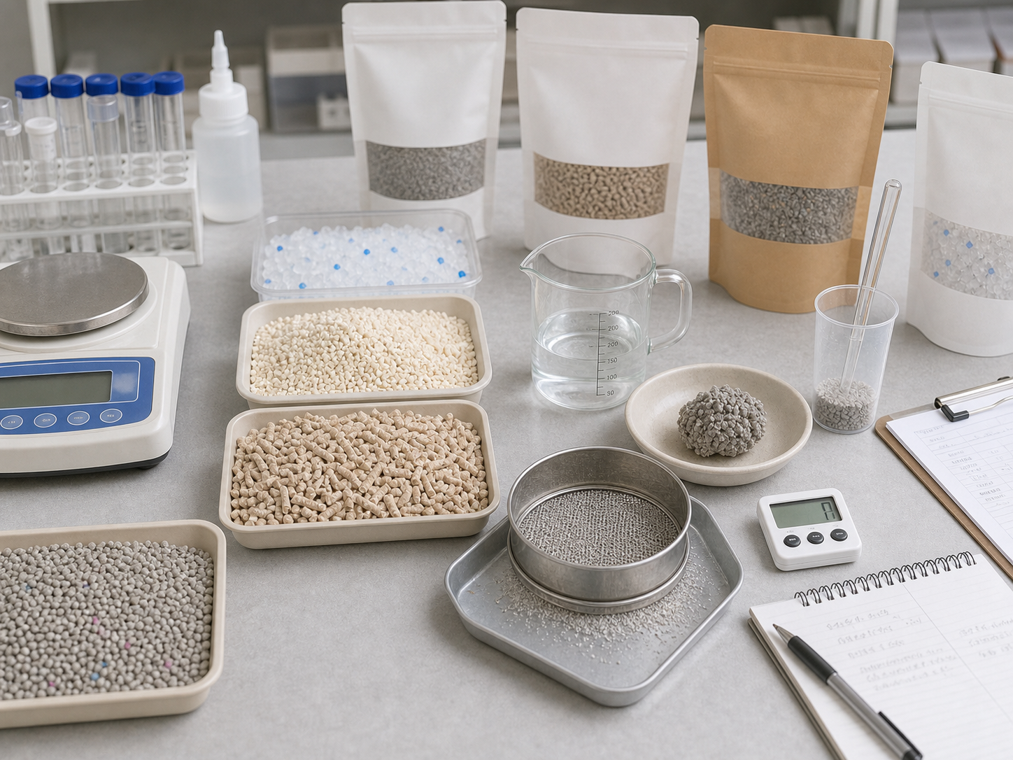 AI-generated cat litter sample testing bench for RFQ evidence review