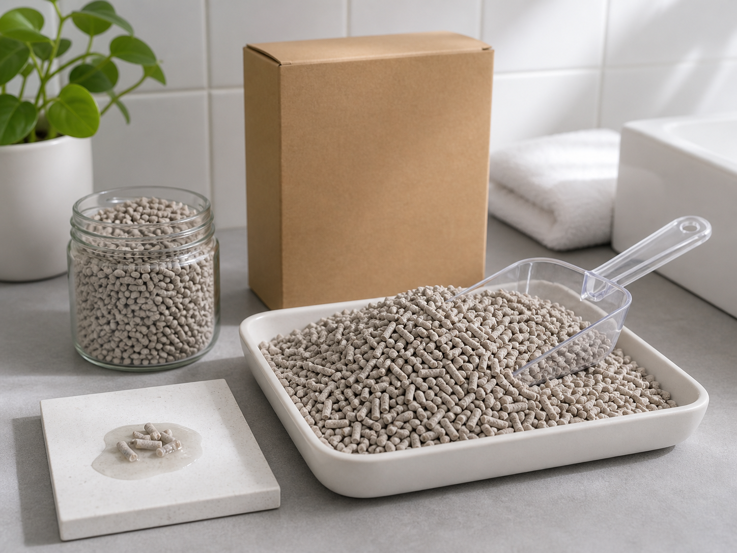 AI-generated realistic paper pellet cat litter absorbency test on a utility room counter