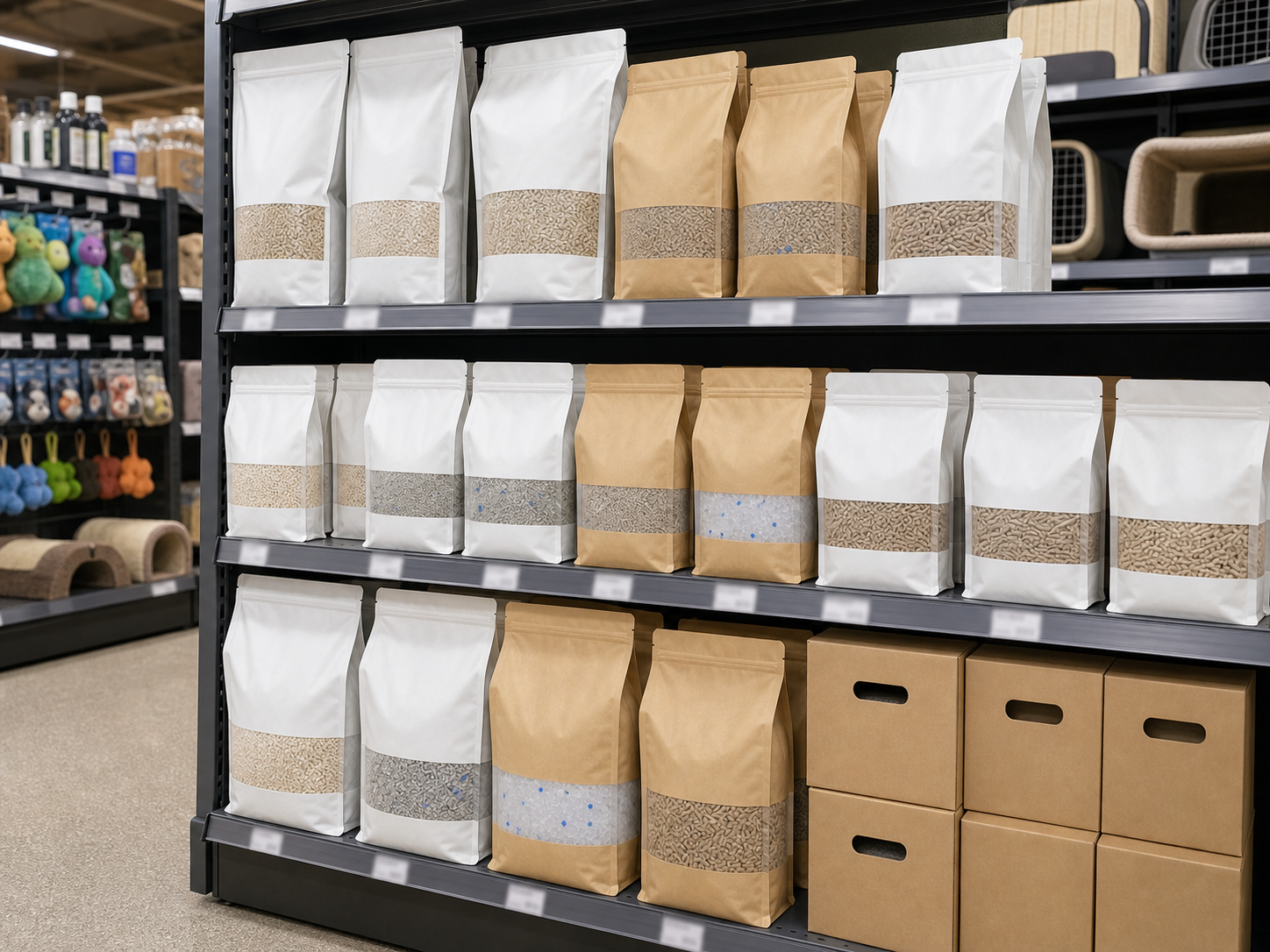 AI-generated realistic pet store shelf with unbranded private label cat litter bags