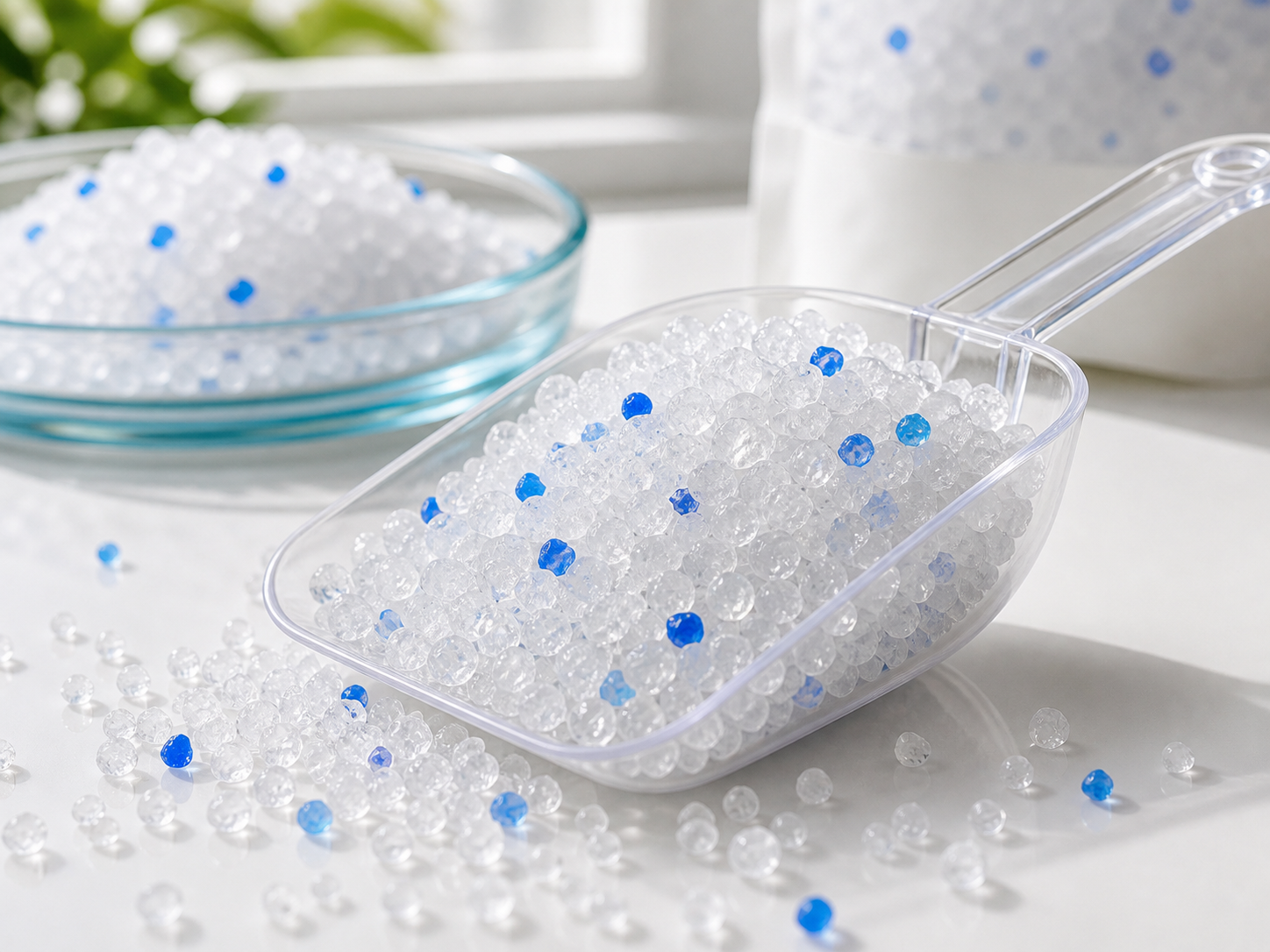 AI-generated realistic macro image of silica gel crystal cat litter in a scoop